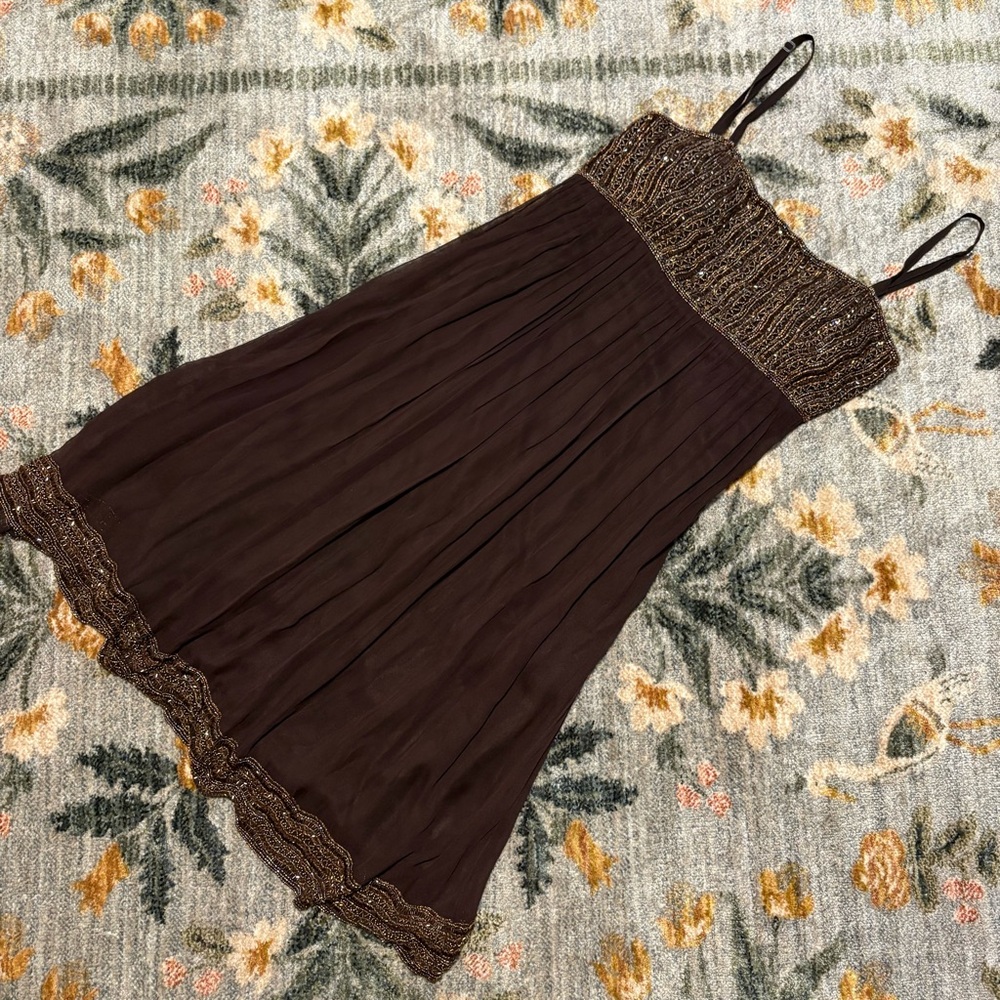 Vintage Chocolate Brown Beaded Mini Dress